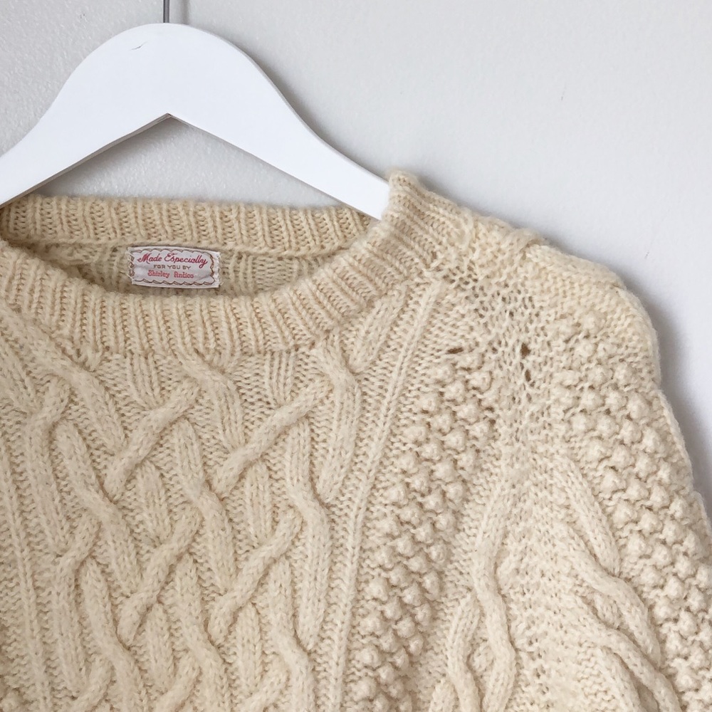 SOLD// Handmade Wool Fisherman’s Crewneck Sweater in Cream - Picture 7 of 9